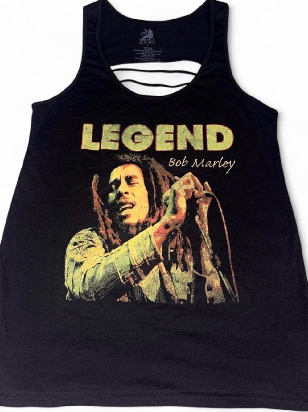 Zion Rootswear Black Tank Top with Yellow/Green Bob Marley 'Legend' Graphic